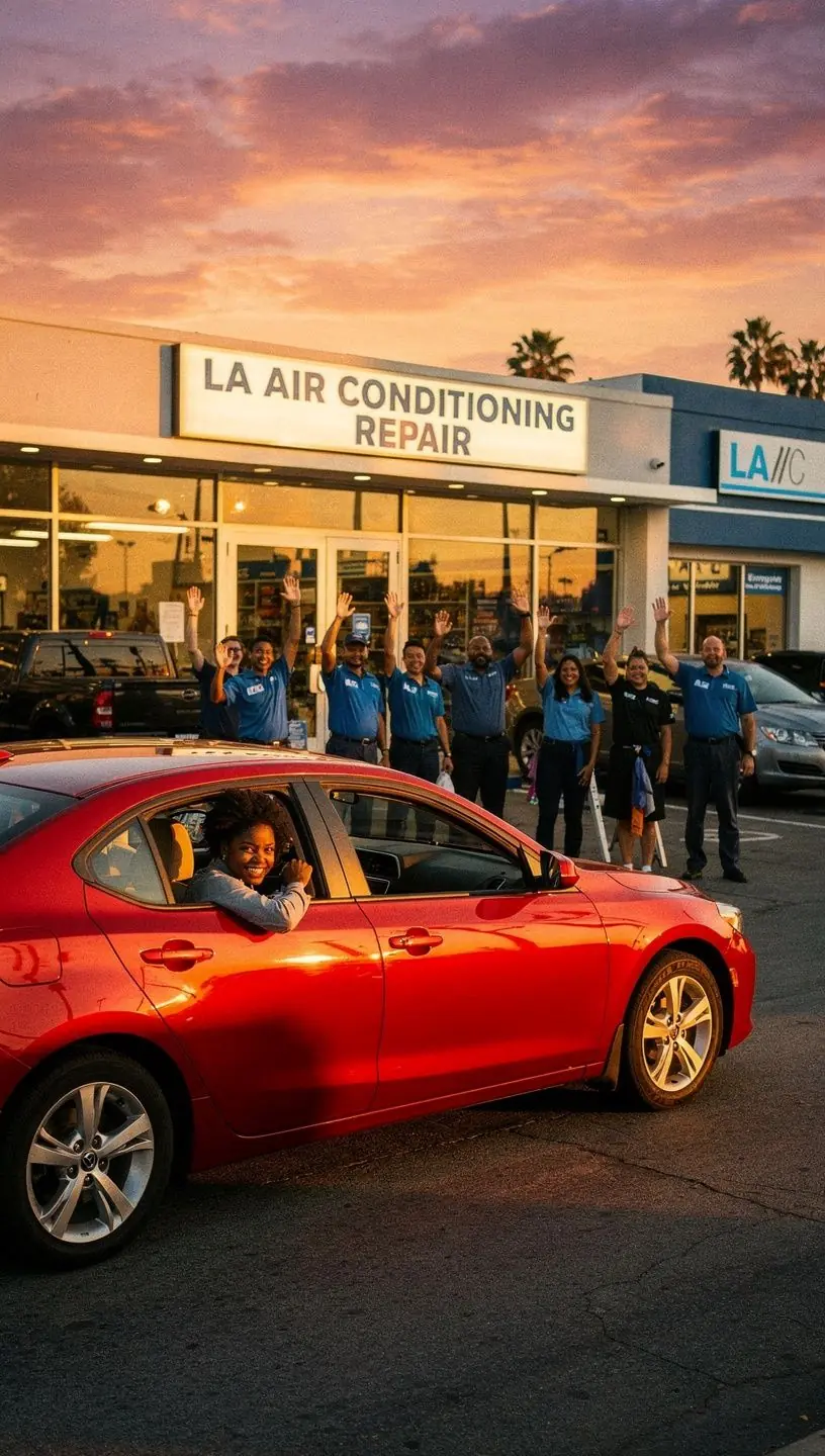 Customer consulting with expert about air conditioning repair options at Los Angeles Coral service facility.
